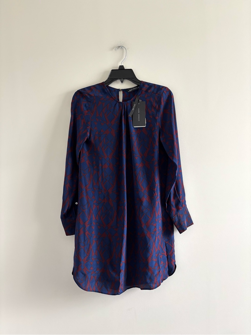 ZARA Shift Dress Navy Red Print Silk Long Sleeve Women XS NWT Office Evening